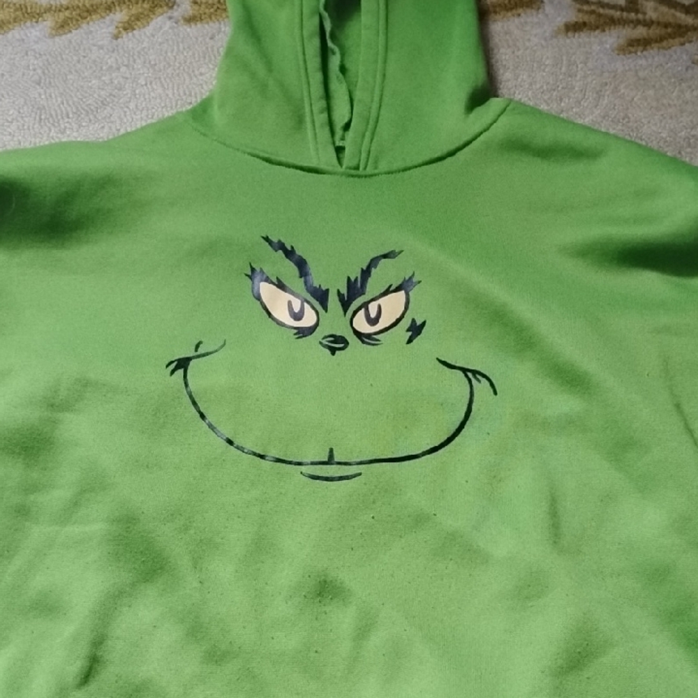 Men's Green XL/2XL The Grinch Face Close Up Hoodie Dr Suess Cartoon Xmas
